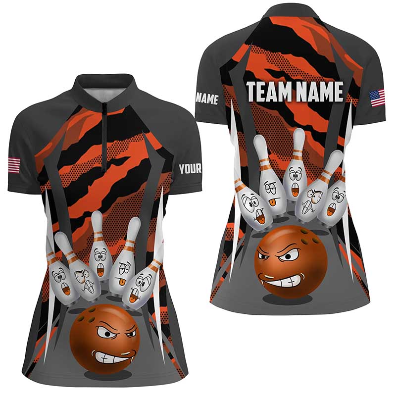 Personalized Bowling Shirt for Women Camo Bowling Team League Funny Orange 1/4 Zip Bowling Shirt Unisex QZT290