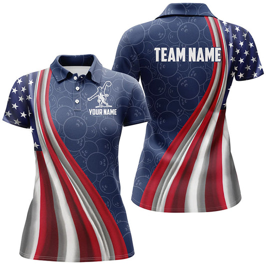 A navy blue and red personalized bowling polo shirt with a geometric pattern, featuring a placeholder for 'TEAM NAME' and 'YOUR NAME' on the front, and a collar with a button placket.