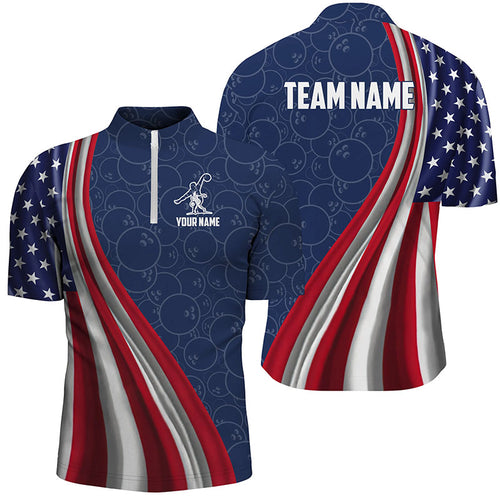 Personalized USA Bowling Shirts for Men 1/4 Zip Patriotic Bowling Jersey QZT442