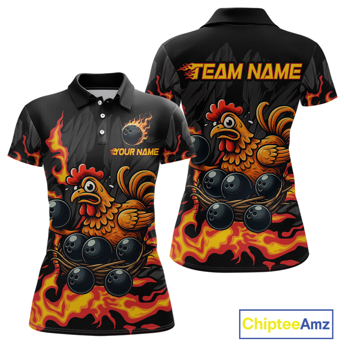 Personalized Chicken Bowling Shirt Orange Flame Bowling Team League for Women Bowling Jersey QZT706