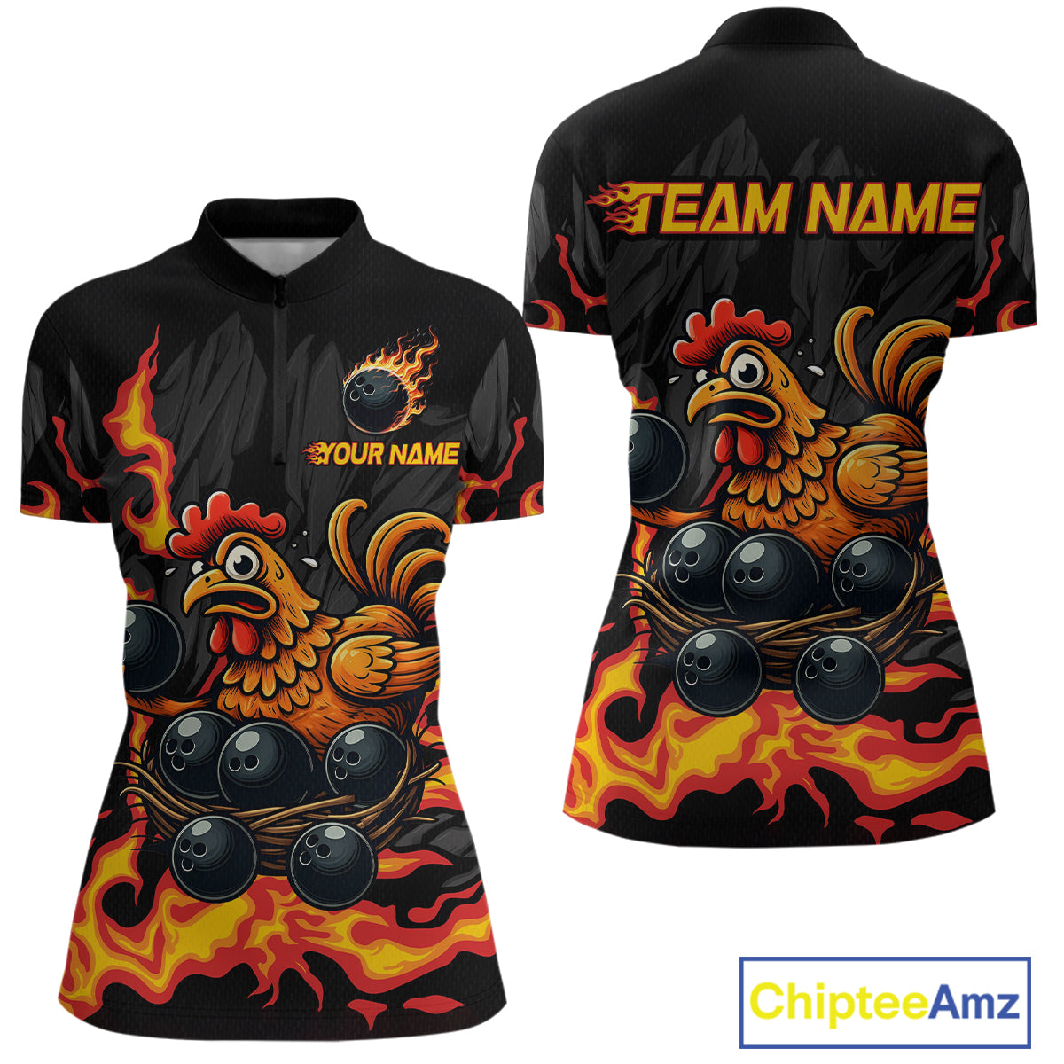 Personalized Chicken Bowling Shirt Orange Flame Bowling Team League for Women Bowling Jersey QZT706