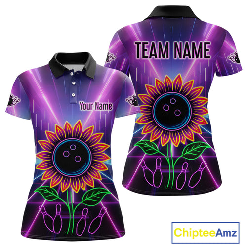 Custom Neon Lightning Sunflower Bowling Shirt Bowling Team Jersey for Women Bowling Polo QZT770