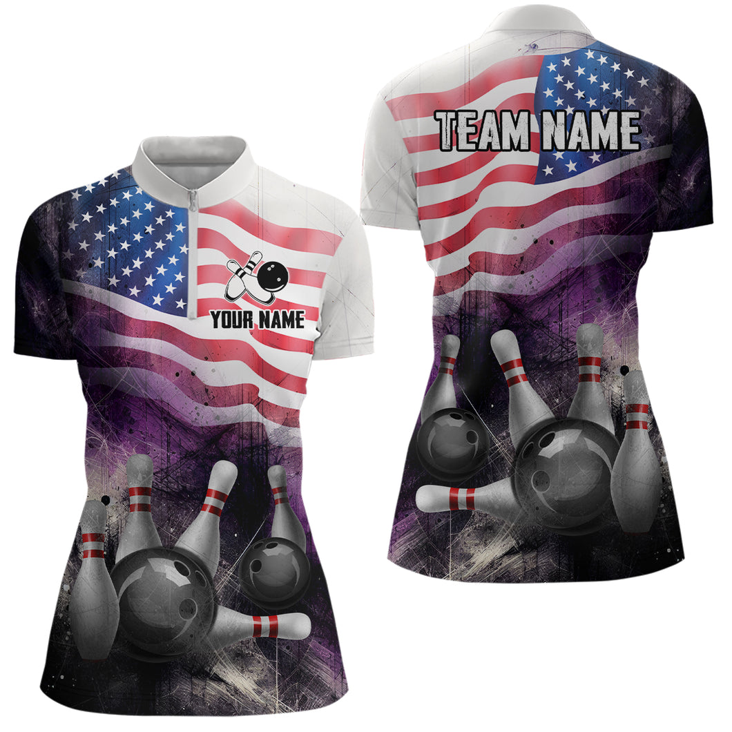 Personalized US Flag Bowling Shirts for Women Patriotic Bowling League 1/4 Zip Bowling QZT499