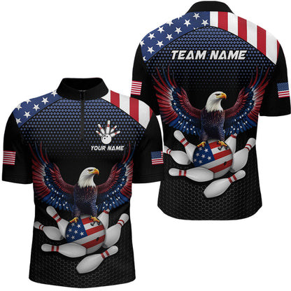 A custom-designed bowling team shirt featuring a bald eagle with an American flag pattern, along with a placeholder for a team name and individual name, and bowling balls.