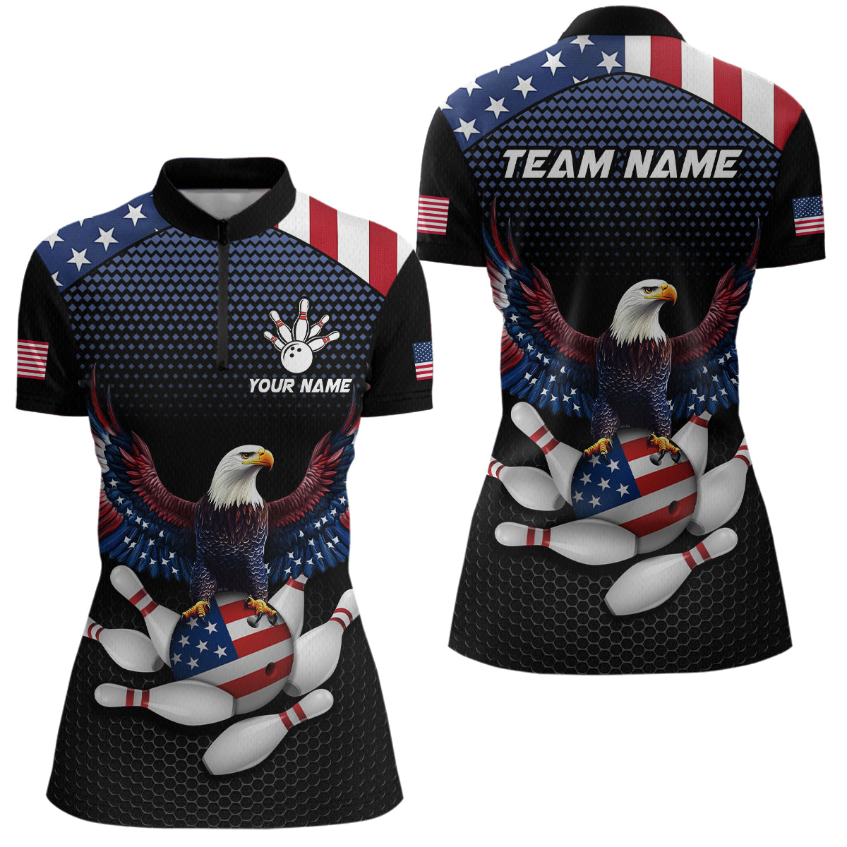 A custom-designed bowling team shirt featuring a bald eagle with an American flag pattern, along with a placeholder for a team name and individual name, and bowling balls.