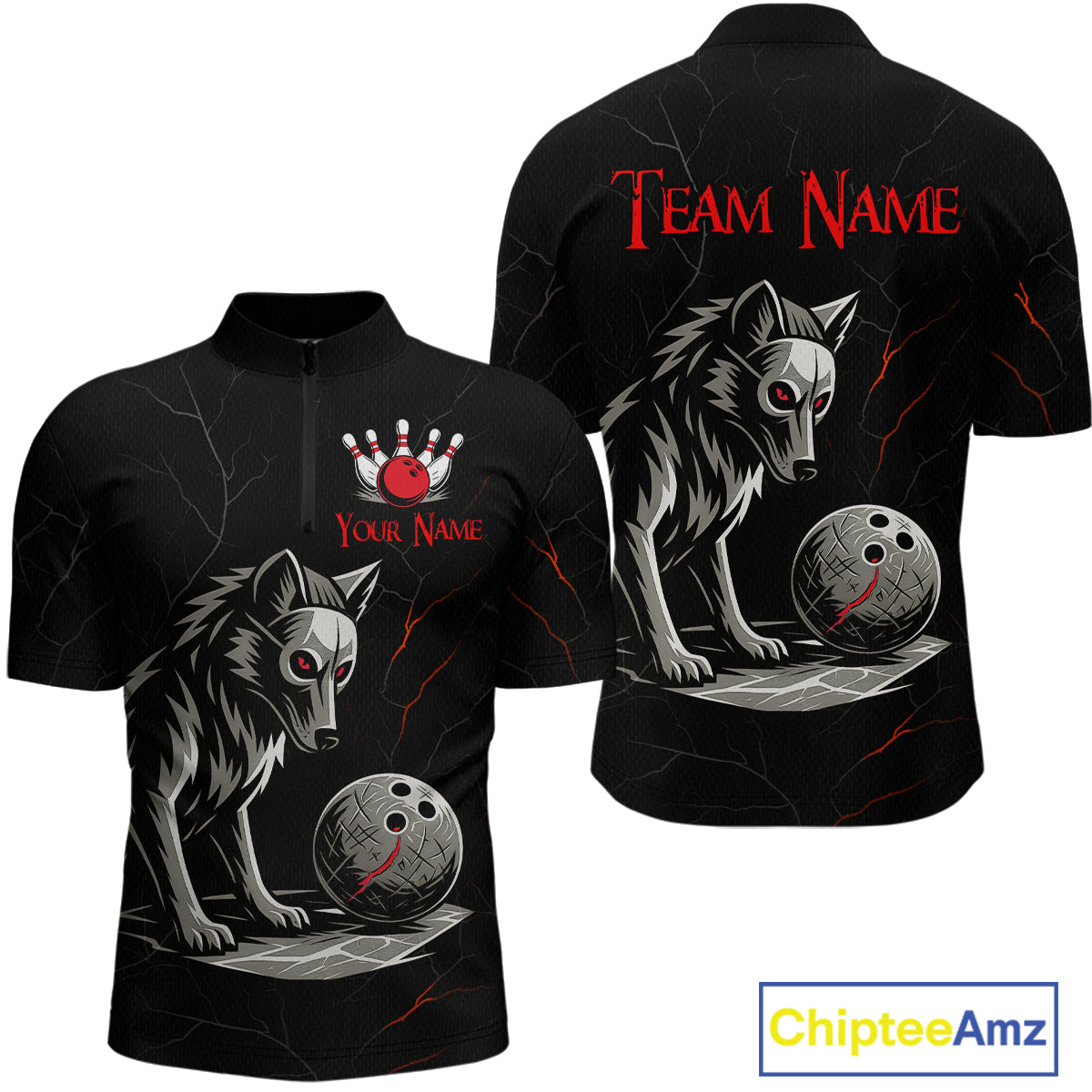 Wolf Bowling Shirt for Men Custom Bowling Team Jersey Black Polo & Quarter-Zip Bowling Unisex QZT700