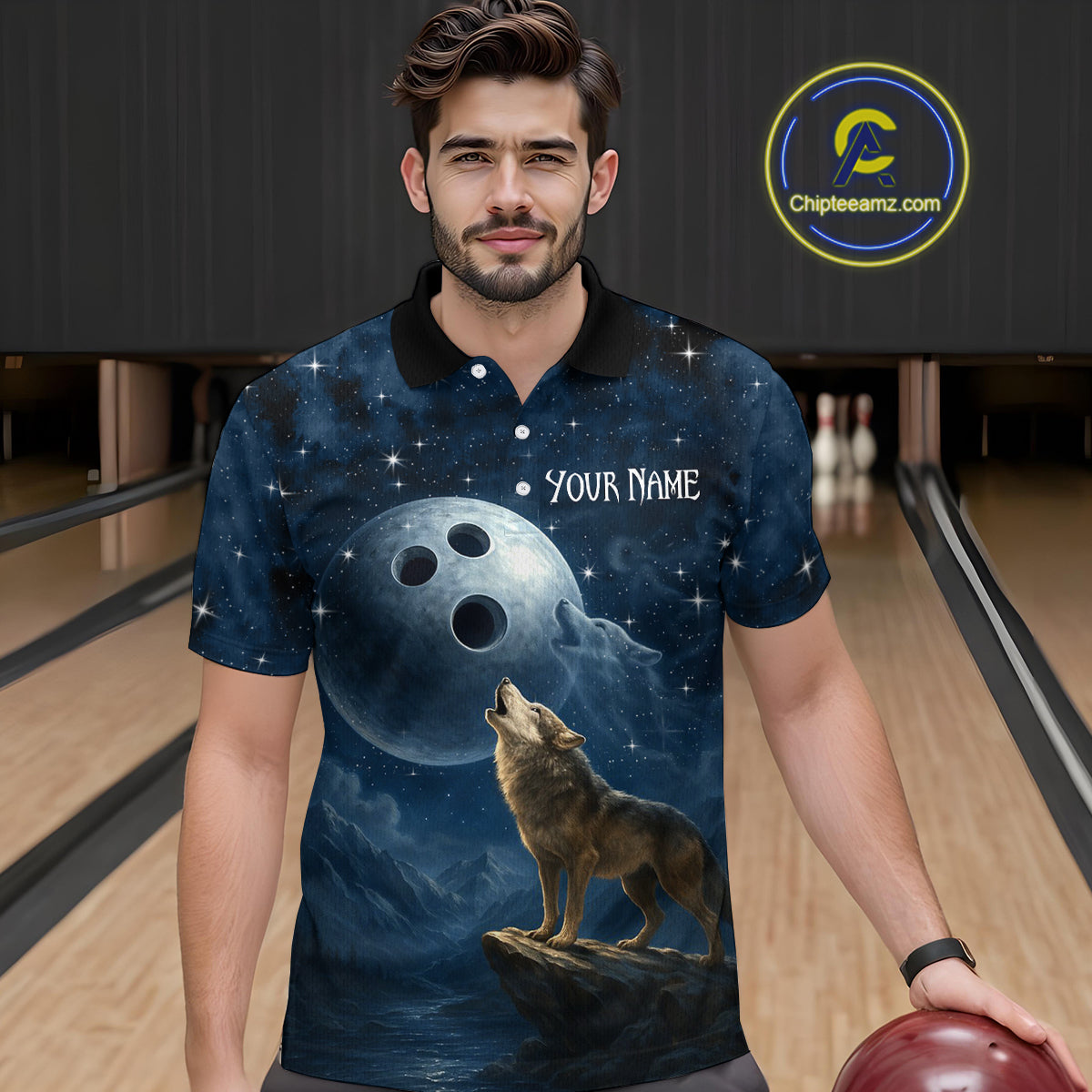 Custom Blue Bowling Shirt Wolf Bowling Team Jersey for Men Polo & 1/4 Zip Bowling Outfit QZT703
