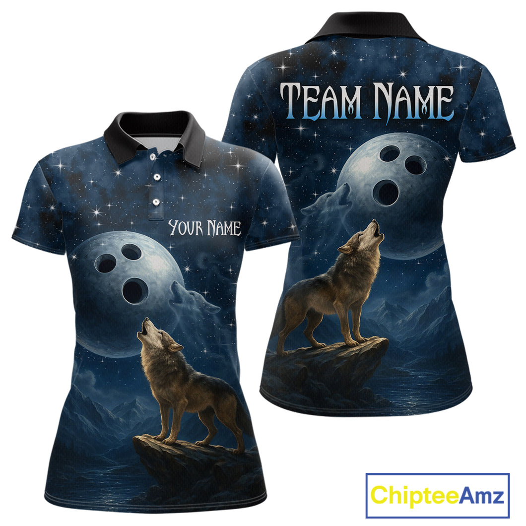 Custom Blue Bowling Shirt Wolf Bowling Team Jersey for Women Polo & 1/4 Zip Bowling Outfit QZT703
