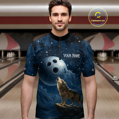 Custom Blue Bowling Shirt Wolf Bowling Team Jersey for Men Polo & 1/4 Zip Bowling Outfit QZT703