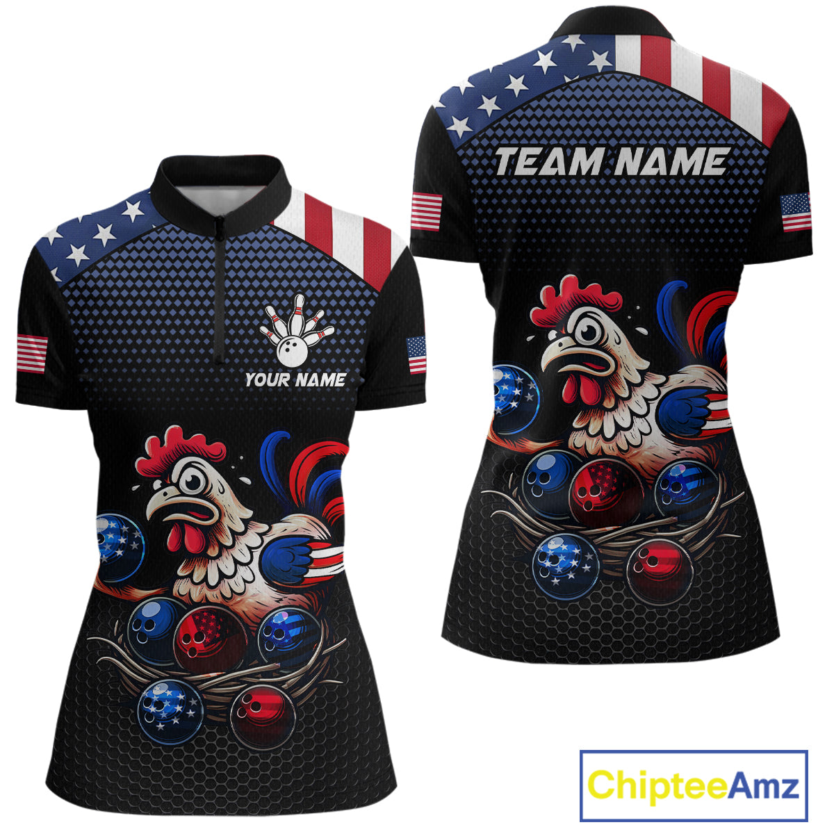 Custom American Flag Funny Chicken Bowling Team Jersey for Women Polo Bowling Shirt Unisex QZT710