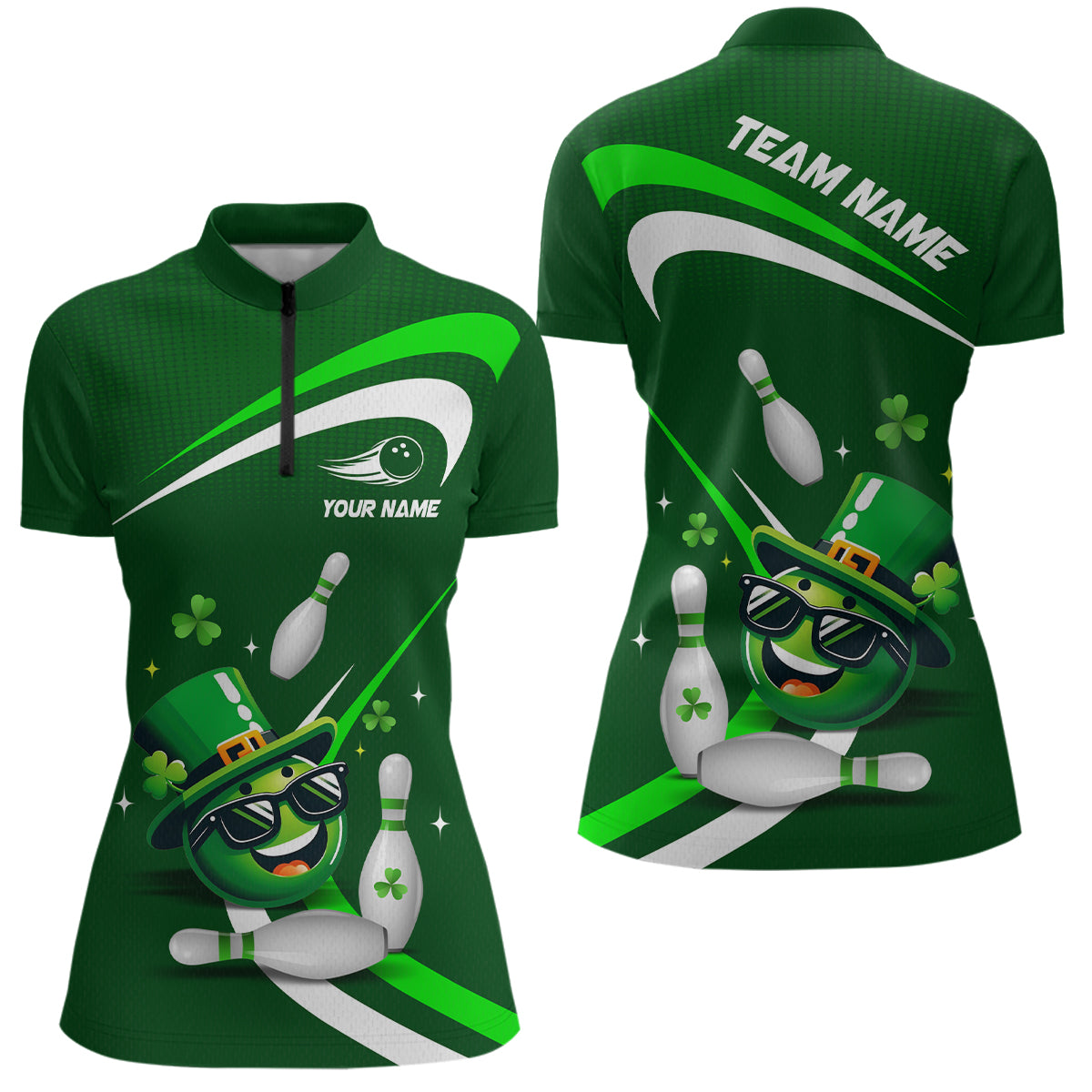 Custom Green St Patrick Day Bowling Shirt Lucky Funny Quarter-Zip Bowling Jersey QZT623