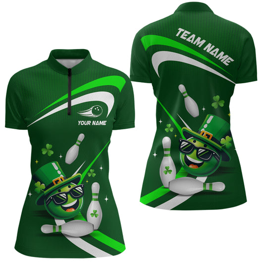 Custom Green St Patrick Day Bowling Shirt Lucky Funny Quarter-Zip Bowling Jersey QZT623