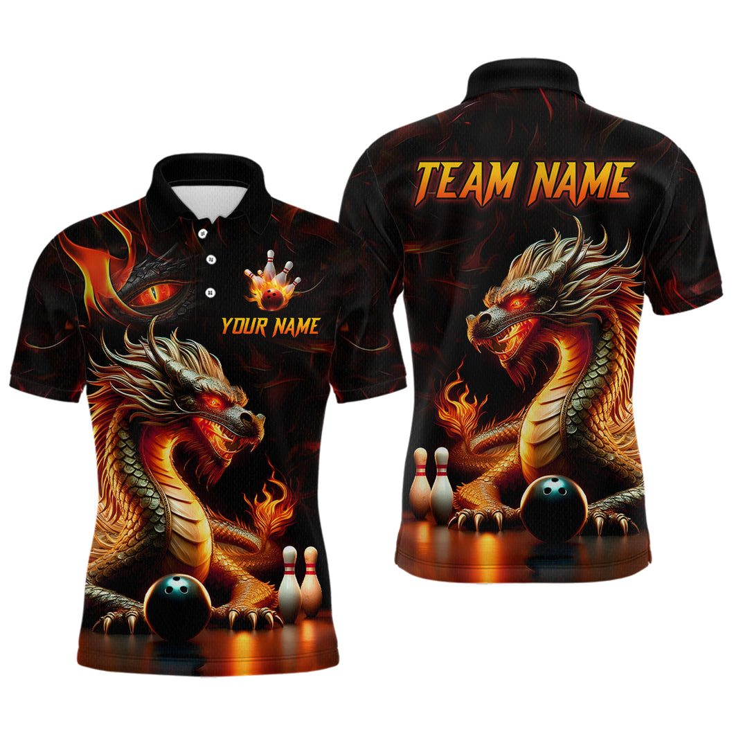 Orange & Black Flame Dragon Bowling Ball Pins Custom Bowling Polo Shirt Bowling Team Jersey QZT667