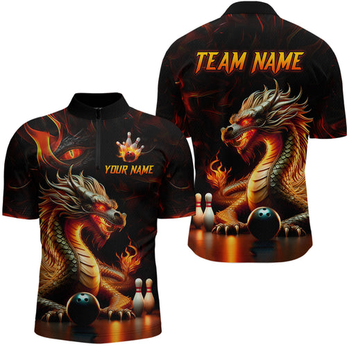 Orange & Black Flame Dragon Bowling Ball Pins Custom Bowling Quarter-Zip Shirt Bowling Team Jersey QZT667