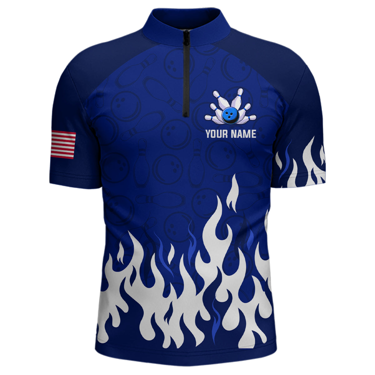 Navy Bowling Shirt Unisex Flame Bowling Jersey Men Quarter Zip Bowling Shirt QZT272