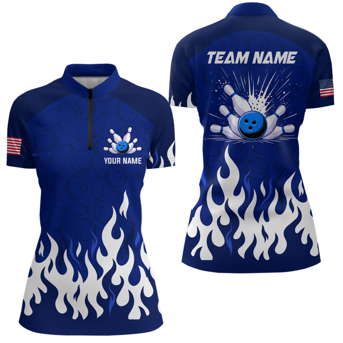Navy Bowling Shirt Unisex Flame Bowling Jersey Women Quarter Zip Bowling Shirt QZT272