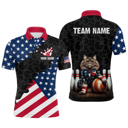 Personalized Patriotic Cat Bowling Shirt Polo American Bowling Jersey for Men Women QZT673