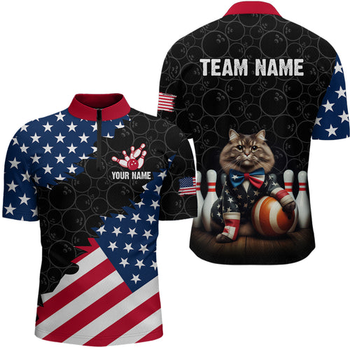 Personalized Patriotic Cat Bowling Shirt Quarter-Zip American Bowling Jersey for Men Women QZT673