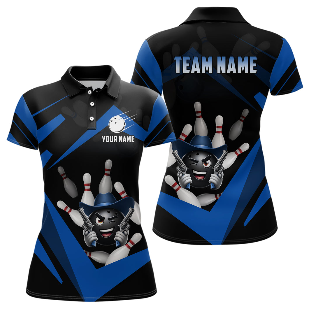 Custom Women Bowling Shirts Funny Bowling Team Jersey Blue Bowling Polo Uniform QZT509