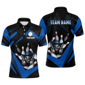 Custom Men Bowling Shirts Funny Bowling Team Jersey Blue Bowling Polo Uniform QZT509