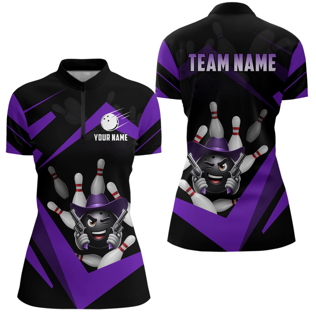 Custom Women Bowling Shirts Funny Bowling Team Jersey Purple Bowling Quarter Zip QZT509