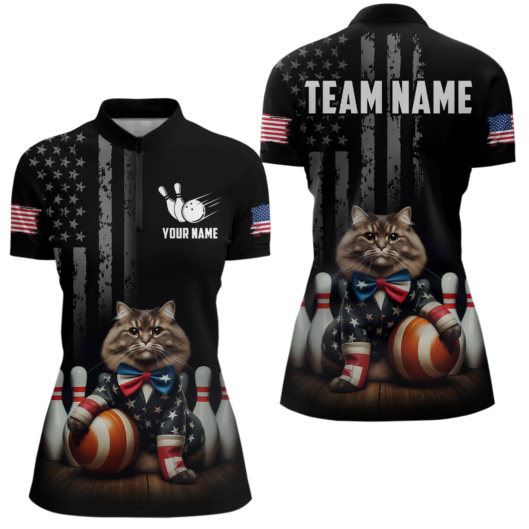 Personalized US Bowling Shirt Women Patriotic Cat Bowling Jerseys 1/4 Zip Bowling Gifts QZT513