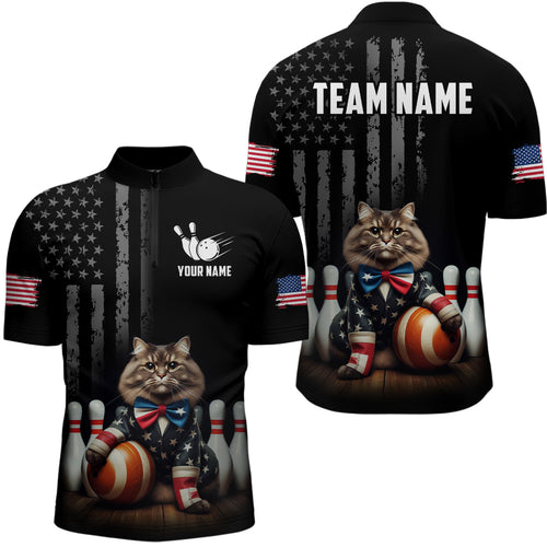 Personalized US Bowling Shirt Men Patriotic Cat Bowling Jerseys Quarter Zip Bowling Gifts QZT513