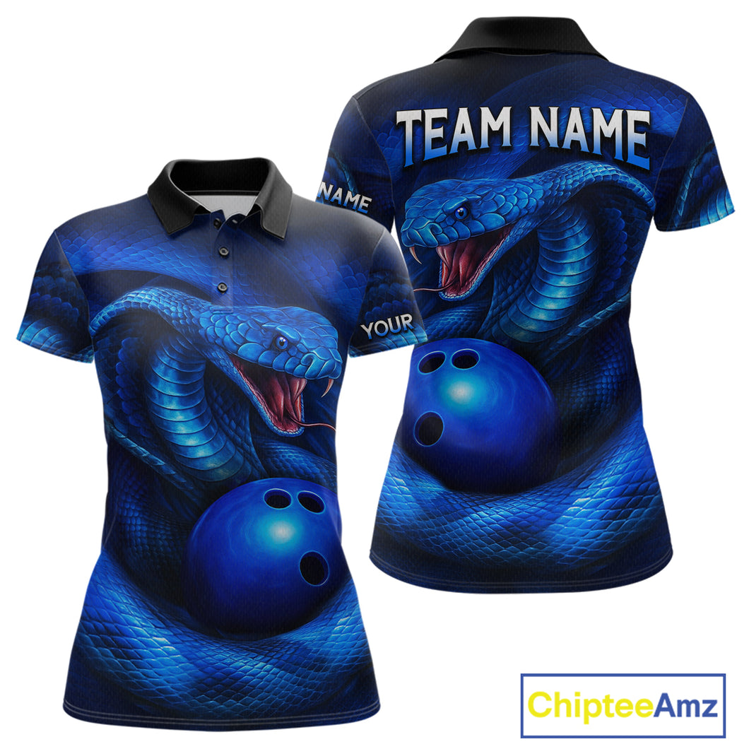Custom 3D Blue Cobra Snake Bowling Team Shirt Bowling Jersey Outfit for Women Polo & Quarter-Zip QZT723