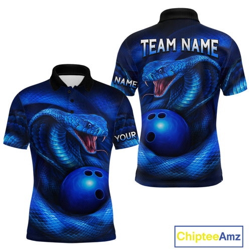Custom 3D Blue Cobra Snake Bowling Team Shirt Bowling Jersey Outfit for Men Polo & Quarter-Zip QZT723