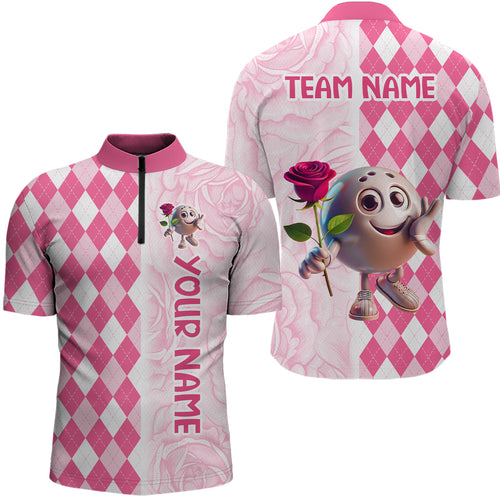 Personalized Rose Bowling Team Jersey Quarter-Zip Bowling Shirt for Couples QZT611