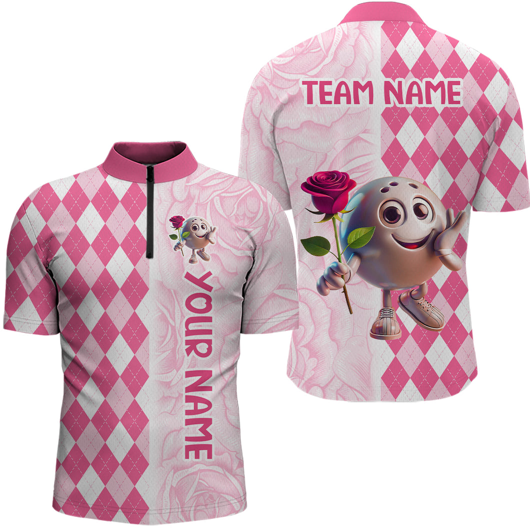 Personalized Rose Bowling Team Jersey Quarter-Zip Bowling Shirt for Couples QZT611