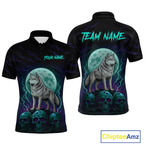 Teal And Purple Wolf & Skull Bowling Team Shirt for Men Custom Bowling League Jersey Bowling Unisex QZT750