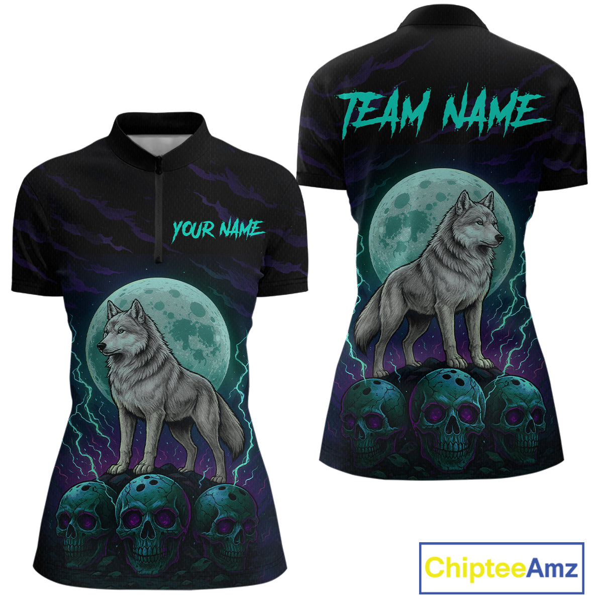 Teal And Purple Wolf & Skull Bowling Team Shirt for Women Custom Bowling League Jersey Bowling Unisex QZT750