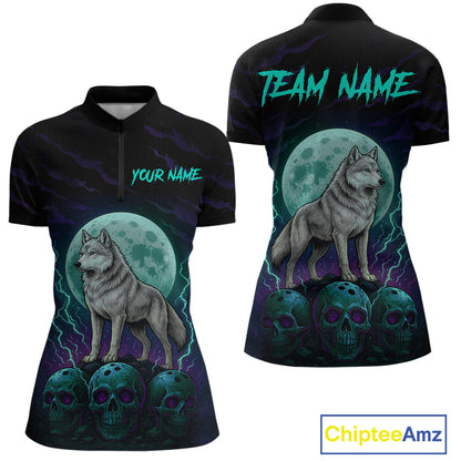 Teal And Purple Wolf & Skull Bowling Team Shirt for Women Custom Bowling League Jersey Bowling Unisex QZT750