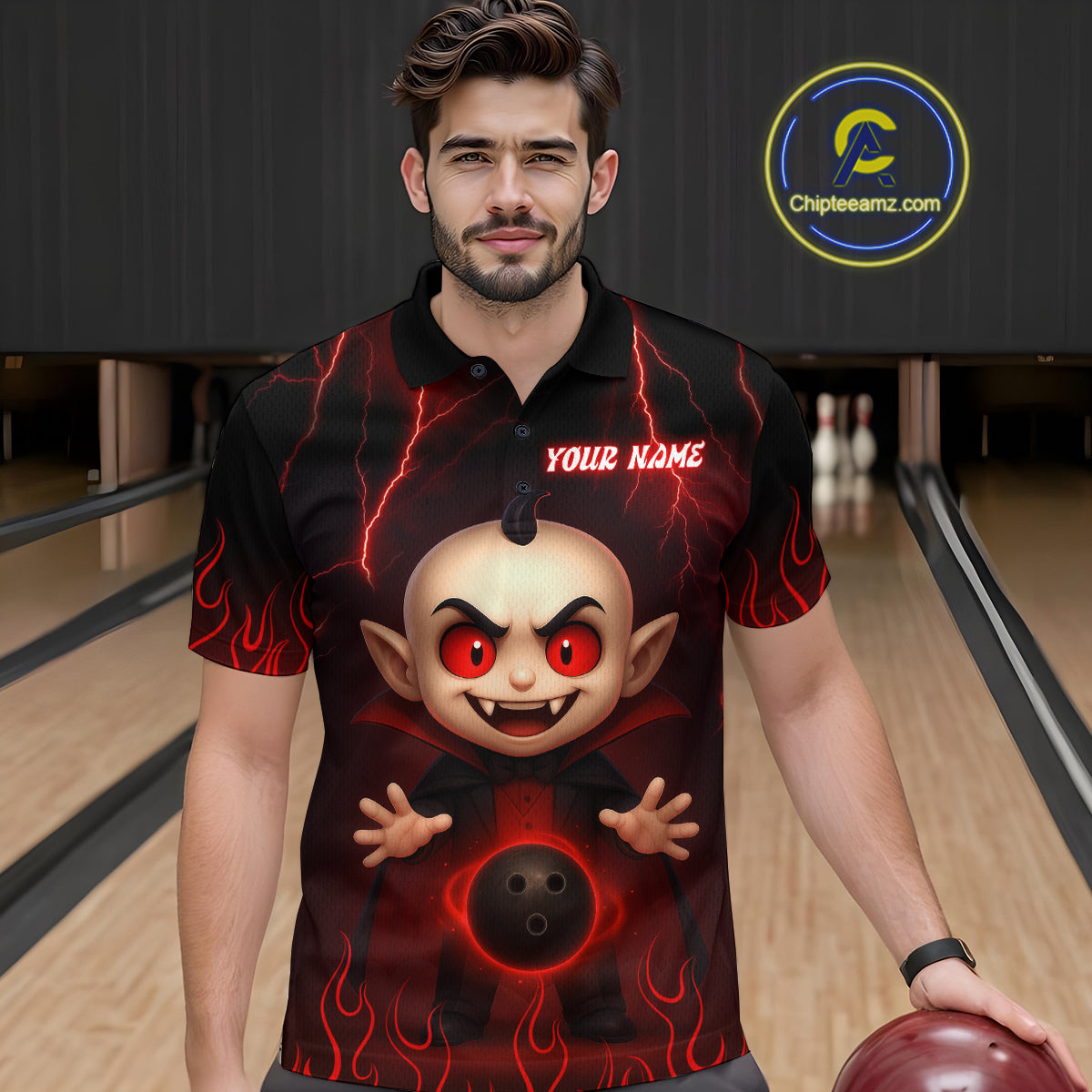 Custom Red Funny Vampire Thunder Bowling Shirt Polo & 1/4-Zip Bowling League Jersey for Men Outfit QZT753