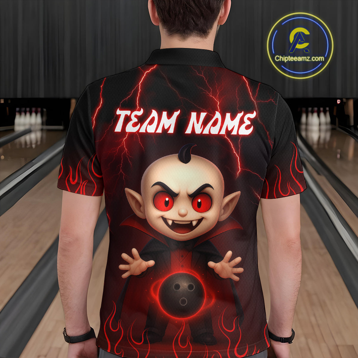 Custom Red Funny Vampire Thunder Bowling Shirt Polo & 1/4-Zip Bowling League Jersey for Men Outfit QZT753