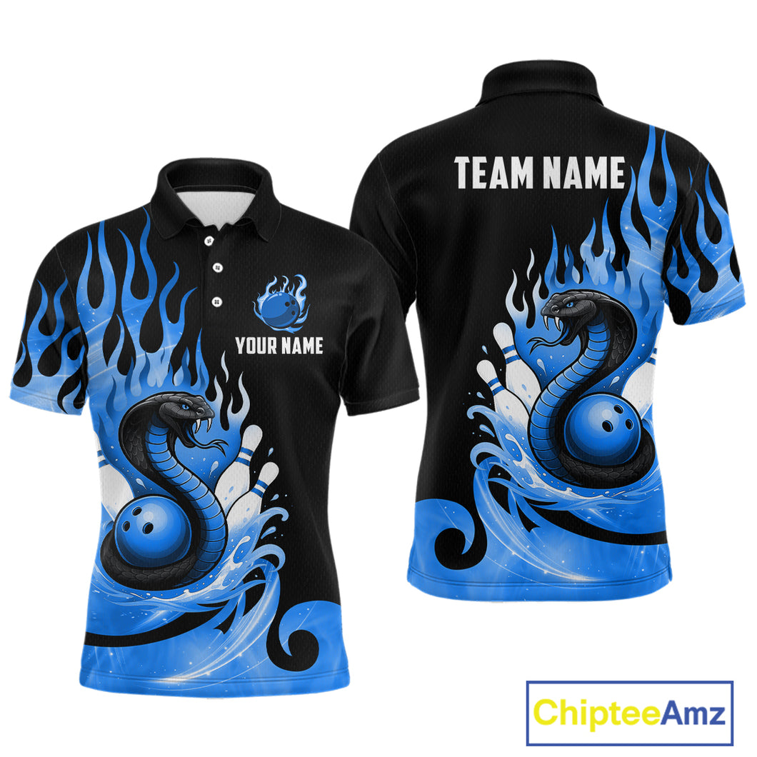 Custom Blue Flame Cobra Snake Bowling Shirt Polo Bowling Team League Bowling Jersey QZT694