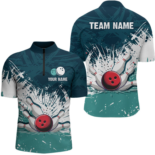 Personalized 3D Men Bowling Shirts Turquoise Quarter Zip Bowling Jersey League QZT481