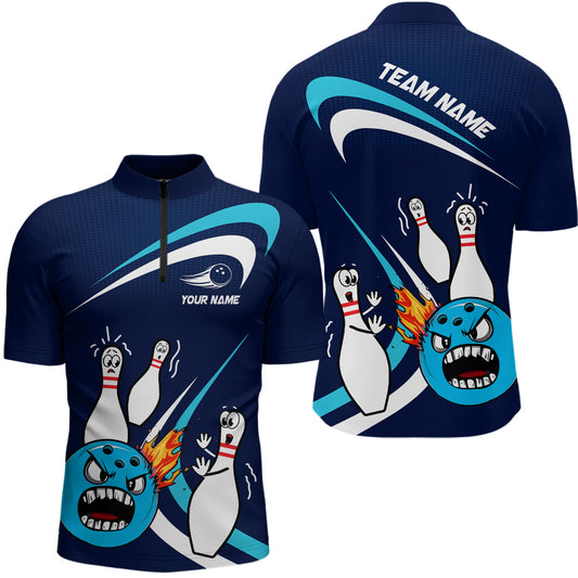Custom Crazy Bowling Shirt for Men Women Bowling 1/4-Zip Shirt Blue Bowling Outfit QZT589