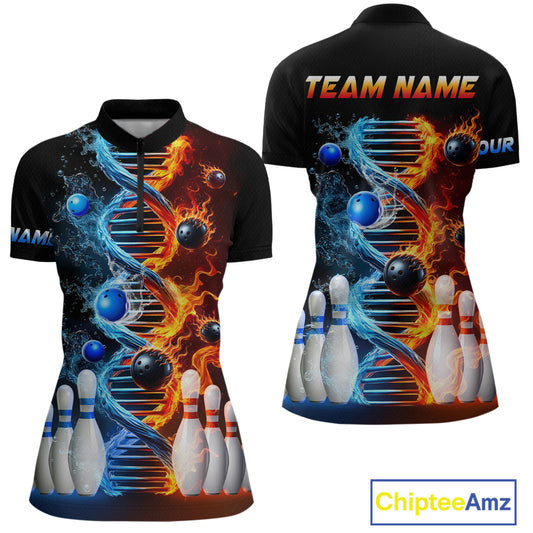 A custom-designed bowling shirt featuring a quarter-zip closure and a graphic print of a DNA strand with flame patterns and bowling balls.