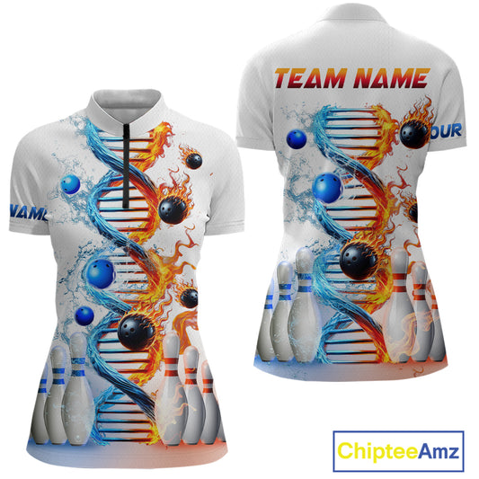A custom-designed white quarter-zip bowling jersey featuring multicolored geometric patterns and bowling-themed graphics, with placeholder text for a 'TEAM NAME' on the back.