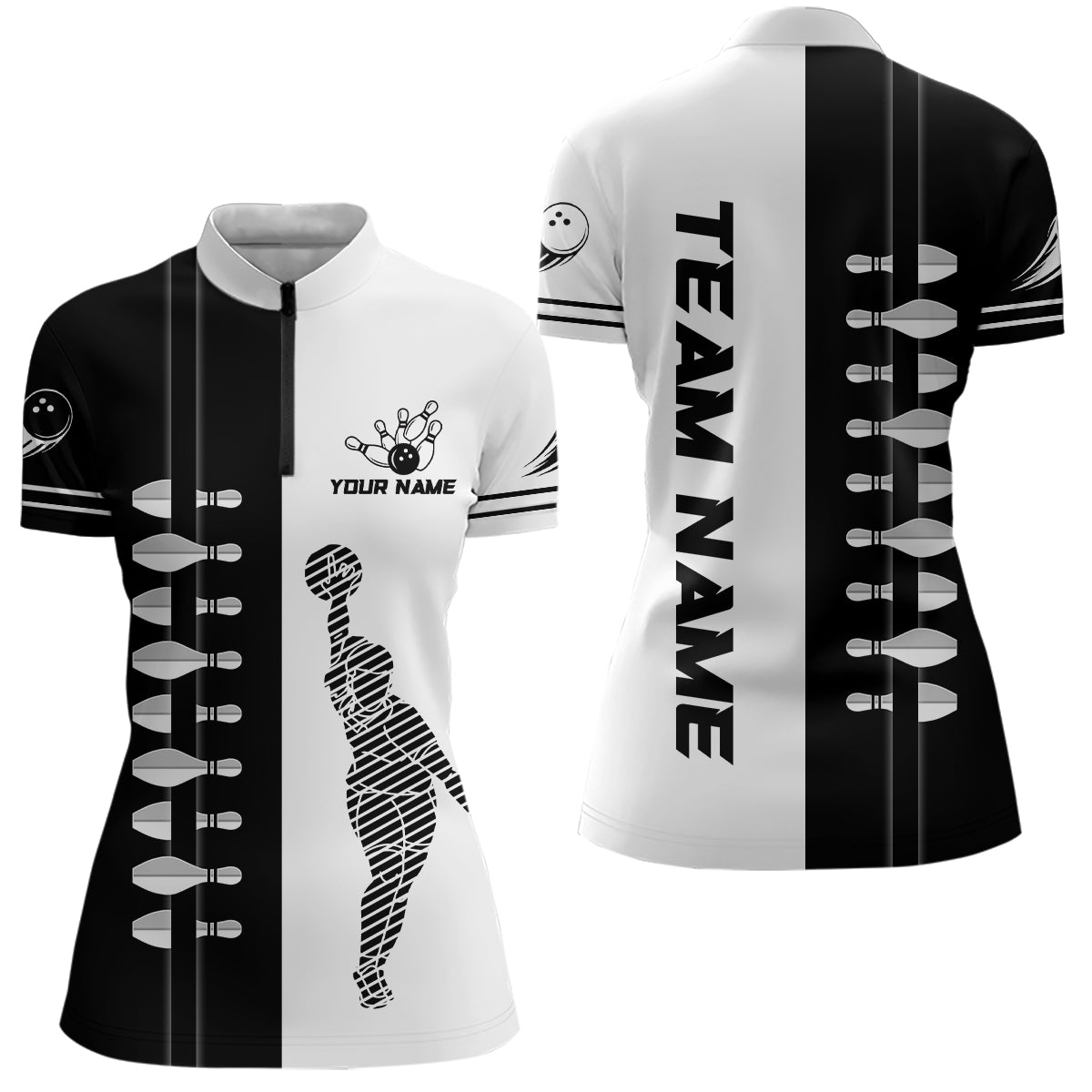 Custom Bowling Shirt Camo Bowling Team League Bowling Pins Shirt for Women Quarter-Zip Bowling Shirt QZT295