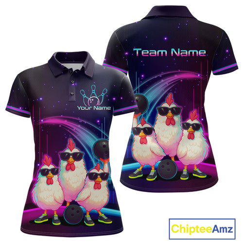 Neon Funny Family Chicken Bowling Team Shirt for Women Bowling League Jersey Outfit Polo & 1/4-Zip QZT761