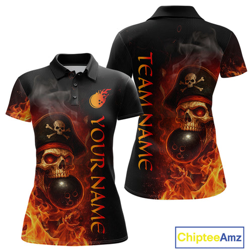 Orange Flame Pirate Skull Bowling Team Shirt for Women Bowling League Jersey Polo Bowling Outfit QZT763