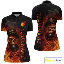 Load image into Gallery viewer, Orange Flame Pirate Skull Bowling Team Shirt for Women Bowling League Jersey Polo Bowling Outfit QZT763
