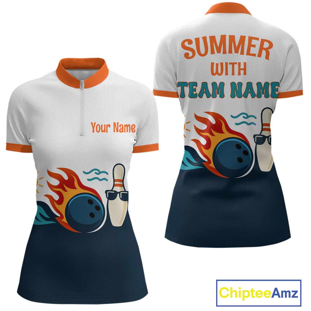 Personalized Flame Bowling Shirt Quarter-Zip Bowling Summer with Team Name Gift for Bowlers QZT697