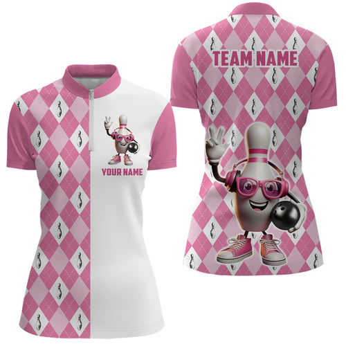 Music Bowling Team Shirts Custom Pink Bowling Jerseys for Women 1/4 Zip for Bowlers QZT454