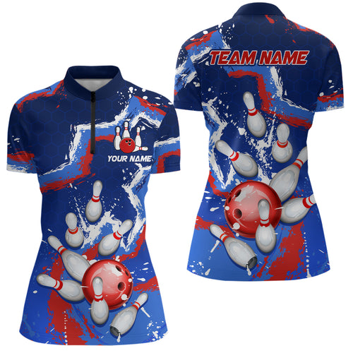 Personalized Blue Red White Bowling Team Shirts for Women 1/4 Zip Bowling Jersey QZT492