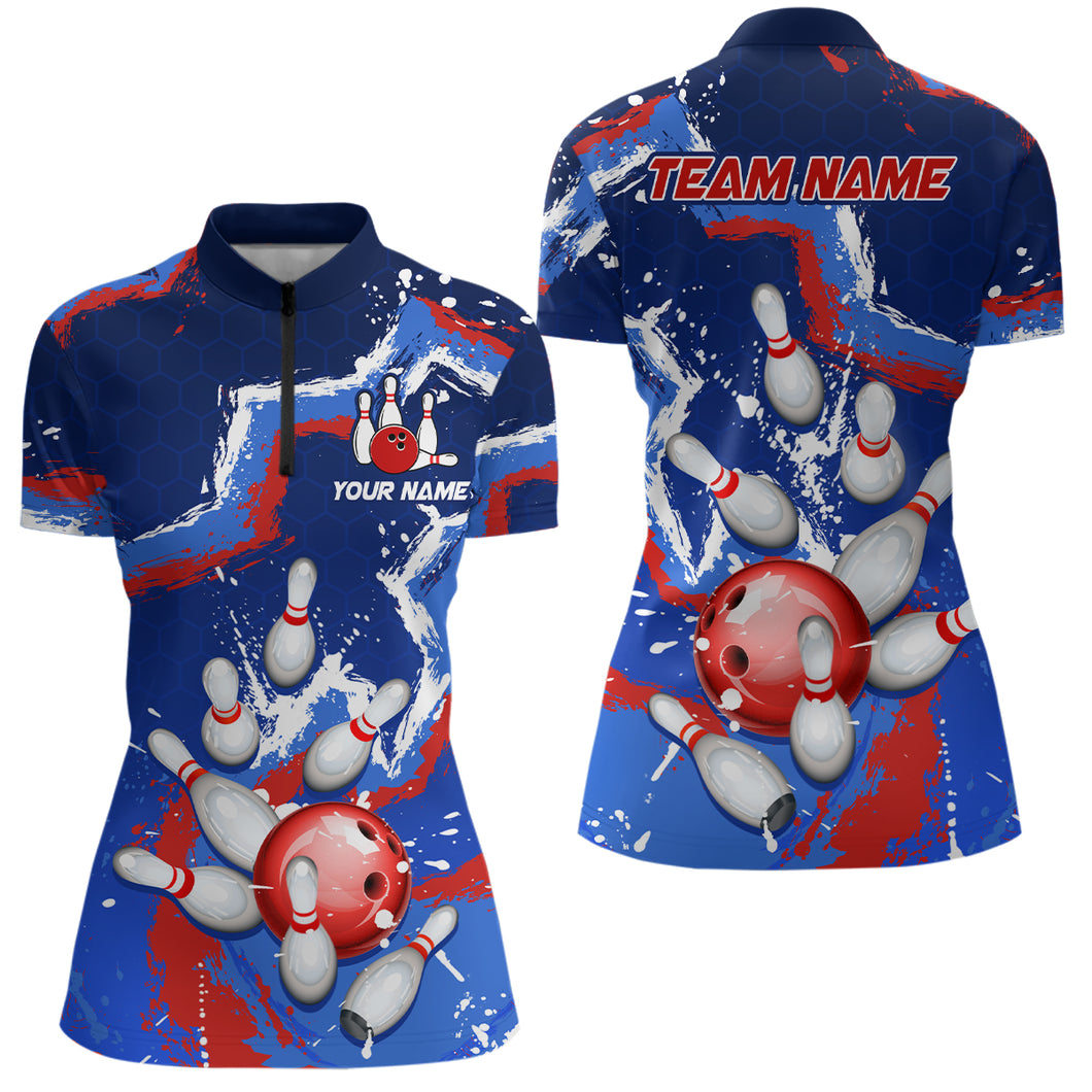 Personalized Blue Red White Bowling Team Shirts for Women 1/4 Zip Bowling Jersey QZT492