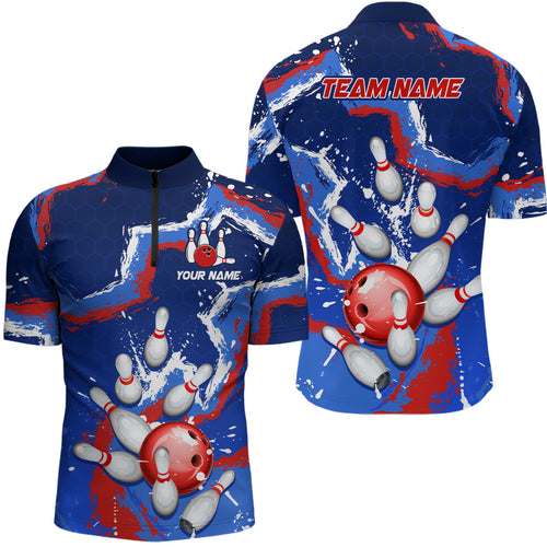 Personalized Blue Red White Bowling Team Shirts for Men 1/4 Zip Bowling Jersey QZT492